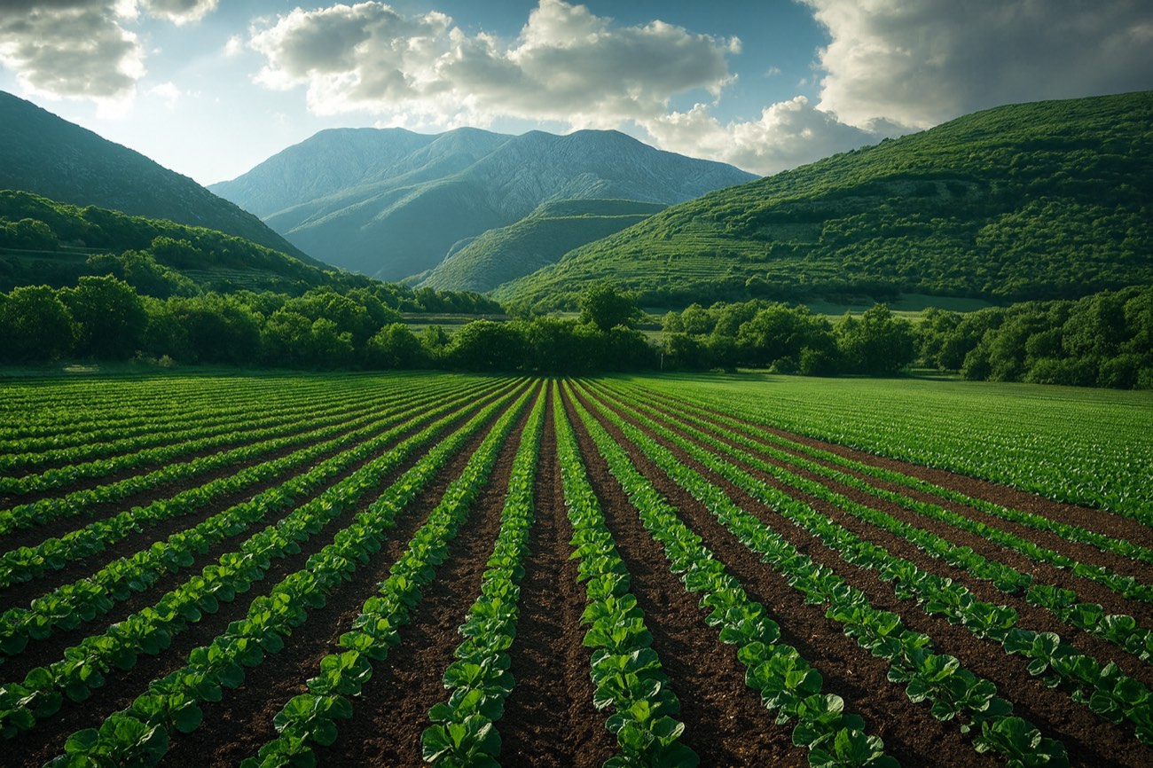 Rows of green crops in a valley beneath mountains
